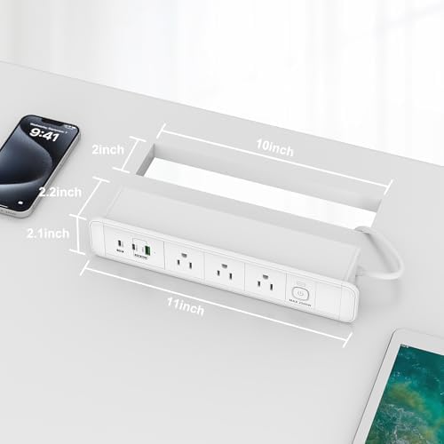 Recessed Dual-Sided Power Strip with 65 W USB-C Fast Charging Ports and USB-A Outlet – Discreet Charging Station for Furniture, Side Tables, and Desks with 6 ft Swivel Cord for Enhanced Flexibility and Compatibility