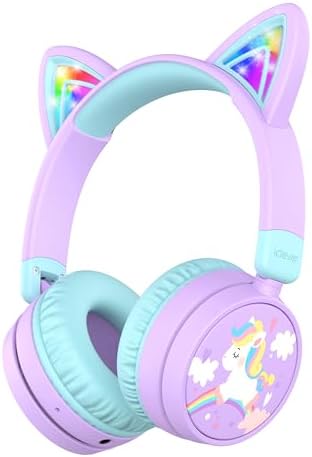 i Clever Kids Bluetooth Headphones with Illuminated Cat Ears – 60-Hour Battery Life, Rapid USB-C Charging, Adjustable Safe Volume Control (74/85 d B) for Toddlers – Ideal for i Pads, Tablets, and Travel in Fun Meow Cookies-Purple – Stylish, Safe, and Resilient for Young Audiophiles