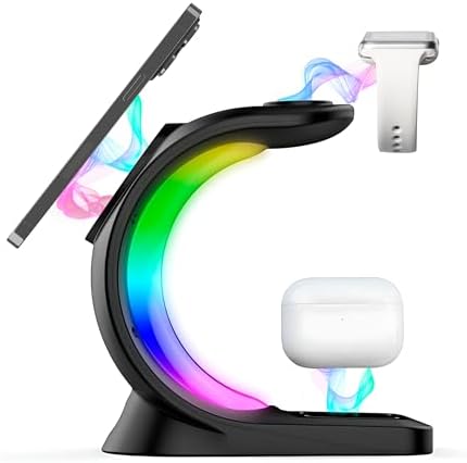 Ultimate 4-in-1 Magnetic Wireless Charging Station for Apple Devices – 15 W Fast Charger for i Phone 15/14/13/12, Apple Watch & Air Pods – Adjustable Viewing Angle, Stylish Design, Perfect Gift for Tech Enthusiasts – Enhanced Compatibility & Speed