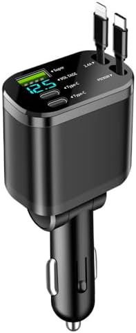 90 W Multi-Port Fast Charging Car Charger with Voltage Detection – Dual USB-C and USB-A Ports, PD 30 W Retractable Cable for i Phone 15/16, Samsung, Android & More – Ultimate Charging Solution for Road Trips and Daily Commutes