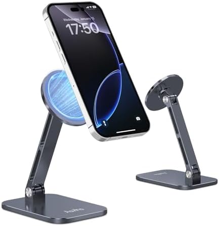 Magnetic Phone Stand for MagSafe Adjustable – Aluminum Portable Phone Holder for Desk with 360° Rotating Head Compatible with iPhone 16/15/14/13/12 Pro Max and Magnetic Phone Case, Silver – Enhanced Compatibility and Speed