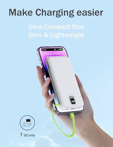 Ultra-Compact 10,000 m Ah Portable Charger with Integrated Cables & AC Plug – Fast Charging Power Bank for i Phone, Samsung, and Android Devices – QC 22.5 W & PD 20 W Travel Essential with Sleek Design for Maximum Convenience and Reliability
