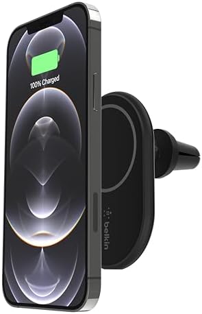 Belkin Boost Charge Pro 10 W Magnetic Wireless Car Charger for i Phone 16, 15, 14, & 13 – Fast Charging Vent Mount with Mag Safe Compatibility – Effortless Navigation & Hands-Free Usage – Sleek Black Design with Included Power Supply – Ultimate On-the-Go Convenience