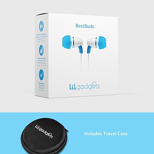 Lil Gadgets Safe Sound Kids Earbuds – Comfortable Wired Earphones for School with Volume Limiting, In-Line Microphone, Travel Case & Audio Splitter – Perfect for Young Learners in Blue
