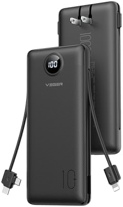VEGER 10,000 m Ah AC Wall Plug Portable Charger – Ultra-Slim Power Bank with Built-In Cables, 15 W USB-C Fast Charging, Essential Travel Companion for i Phone, Android & More – Effortless Charging Anywhere