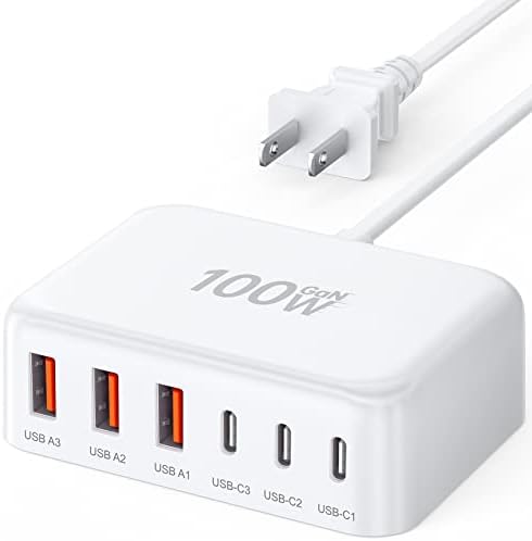 Ultimate 100 W Ga N USB-C Fast Charging Station Hub – 6-Port Power Adapter for i Phone, i Pad, Galaxy, and Pixel Devices – Compact Wall Charger with 5 ft Cord for Enhanced Efficiency and Versatile Device Compatibility – Safe, Reliable, and Space-Saving Solution for Modern Charging Needs Ultimate 100 W Ga N USB-C Fast Charging Station Hub – 6-Port Power Adapter for i Phone, i Pad, Galaxy, and Pixel Devices – Compact Wall Charger with 5 ft Cord for Enhanced Efficiency and Versatile Device Compatibility – Safe, Reliable, and Space-Saving Solution for Modern Charging Needs