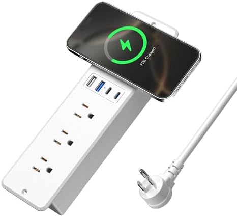Ultimate 8-in-1 Recessed Power Strip with 15 W Wireless Charger and 20 W Fast Charging – 3 AC Outlets & 4 USB Ports for Home and Office – 6 FT Flush Mount Cord for Seamless Integration and Enhanced Connectivity