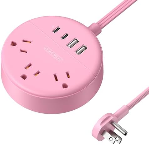 Chic NTONPOWER Pink Power Strip with 5 ft Flat Extension Cord – 3 AC Outlets, 2 USB-C, 2 USB-A Ports – Wall Mountable & Space-Saving Design for Home, Dorm & Travel – Enhanced Charging Compatibility for Stylish Electronics Management