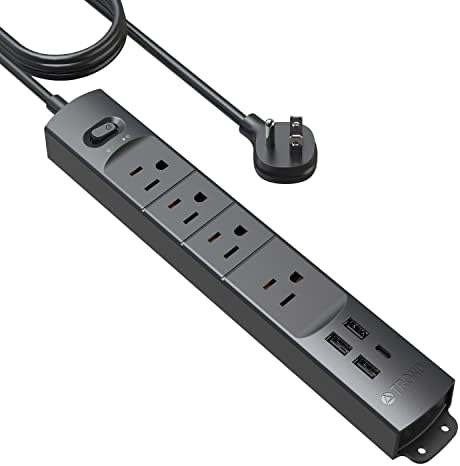 Ultra-Slim TROND Surge Protector Power Strip with 3 USB Ports & Type C – 4 AC Outlets for Maximum Device Protection & Charging Speed – 1440 J Surge Defense, ETL Listed, Space-Saving Wall Mount Design for Home Office & Dorm Use – Versatile Power Management Solution in Elegant Black