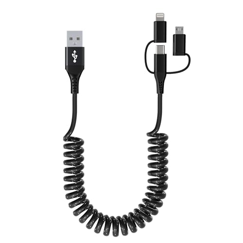 Versatile Coiled USB to USB-C & Lightning Cable Combo for i Phone and Android – MFi Certified Fast Charge & Data Sync up to 3 A – Tangle-Free Design for Apple Car Play & Android Auto Compatibility – Durable, High-Quality Charging Solution for Seamless Connectivity on the Go