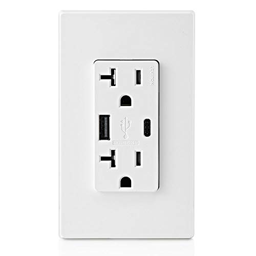 Leviton Dual USB In-Wall Charger with 20 A Tamper-Resistant Outlet – Type A & Type-C Compatibility for Smartphones and Tablets, Light Almond Finish – Streamlined Charging Solution for Home and Office Spaces