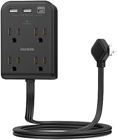 Maximize Power Efficiency with 6 ft Flat Electrical Outlet Extender – 4 Outlets & 3 USB-C Ports, Space-Saving Surge Protector for Home & Office, Rapid Device Charging Power Hub, Sleek White Design