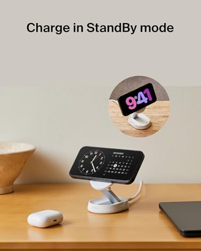 Belkin 15 W Fast Convertible Magnetic Charging Stand – Mag Safe & Qi2 Compatible Power Hub for i Phone 16/16 Plus/16 Pro/16 Pro Max, i Phone 15/14, Apple Air Pods Pro – Stylish White Design for Enhanced Efficiency and Device Versatility