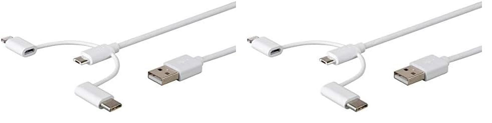 Monoprice 3-in-1 USB Multiport Charging Cable – 3 ft White – Versatile USB Micro-B, USB-C & Lightning Compatibility for Fast Charging and Data Transfer – Essential Tech Accessory for Home, Office, and Travel