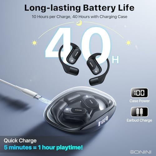 Open Ear Wireless Bluetooth Earbuds – 40 Hours of Playtime, IPX5 Waterproof Sports Headphones with Smart Power Display, Enhanced Call Clarity, Secure Fit for Active Lifestyles, Perfect for Running and Outdoor Activities