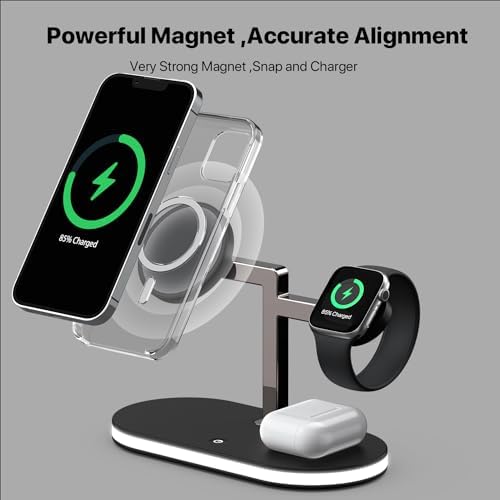 Experience the Future of Charging with the UD 3-in-1 Mag-Safe Fast Charging Station for Apple Devices – Ultimate Power Hub for i Phone 15/14/13/12, Apple Watch Series 1-9/Ultra, and Air Pods Pro – Sleek Design, Rapid Charging, and Enhanced Device Compatibility for a Clutter-Free Experience.