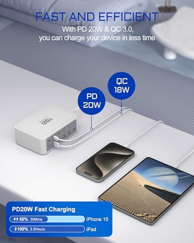 Ultimate 10-Port USB & USB-C Fast Charging Station – 120 W Multi-Device Power Hub with PD3.0 & QC3.0 for i Phone 15/14/13/12, i Pad Air/Pro, Galaxy – Sleek White Design for Home and Travel Efficiency