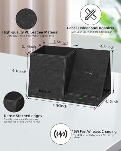 Multi-Functional Desk Organizer with Wireless Charging, Digital Thermometer & Humidity Monitor – Stylish Brown Pen Holder for Home Office Efficiency and Clutter-Free Workspace