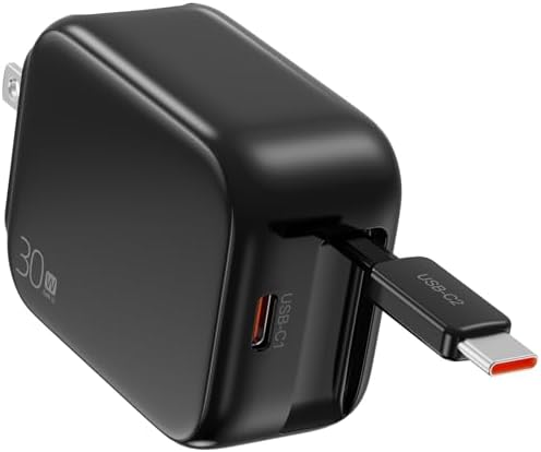 Compact Retractable 2-in-1 Wall Charger with USB-C and 27-inch Cable – 30 W Fast Charging Adapter for i Phone 16/15, i Pad, Galaxy & Pixel – Sleek Black, Perfect for Travel and Enhanced Device Compatibility