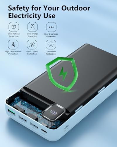Ultra-High Capacity 50000 m Ah Portable Power Bank with Integrated Charging Cables – PD 20 W Fast Charge for Multiple Devices – 5 Outputs/2 Inputs with Precise LED Power Indicator – Perfect for Outdoor Adventures, Travel, and Versatile Compatibility with Smartphones, Tablets, Smartwatches, and More (Blue)