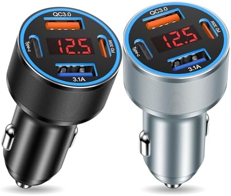 Rapid Charge 2-Pack: 65 W Multi-Port USB C Car Charger with Built-in Volt Meter for i Phone, Samsung & Android – Enhanced Fast Charging & Compatibility for On-the-Go Power Solutions