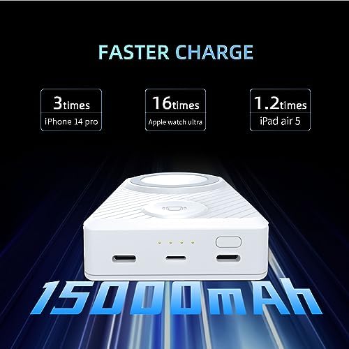 15000 m Ah Magnetic Wireless Power Bank – Fast USB-C Charger with 4 Ports, Visually Impaired-Friendly Beeper & App Tracking for i Phone 12-16 & Samsung Galaxy – Ideal for On-the-Go Charging & Enhanced Compatibility
