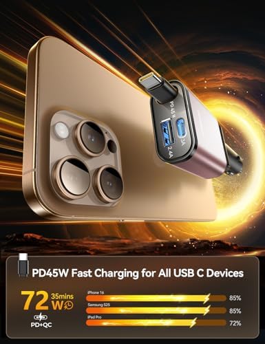 Ultra-Compact 72 W Retractable Car Charger – PD 45 W Fast Charging for i Phone 15/16, Samsung S25/S24 & Pixel – Space-Saving USB C Adapter for Convenient On-the-Go Power Solutions