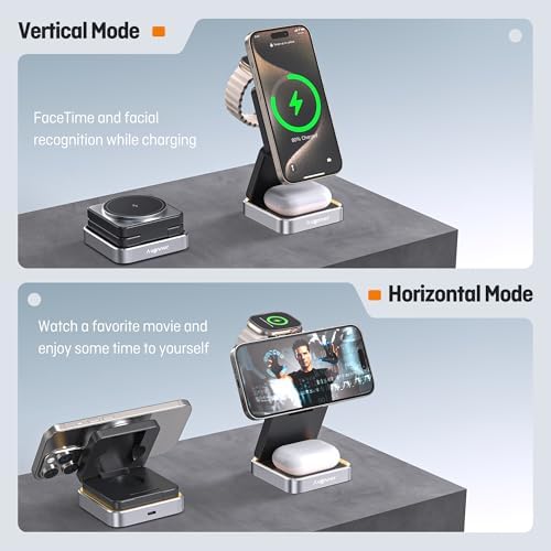 Ultimate 3-in-1 Foldable Wireless Charging Station with Night Light – 2025 Enhanced Apple Mag Safe Compatible Charger for Fast 15 W Charging, Perfect for Travel and Home Use – Stylish & Functional Design for i Phone, Air Pods, and Apple Watch