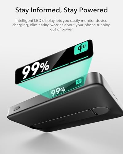 ESR Mag Safe 10,000 m Ah Portable Charger with Kickstand – Qi2 Certified 15 W Fast Charging Power Bank for i Phone 16/15/14/13/12 – Sleek Black Design with LED Display & 27 W USB-C Output for Effortless Charging On-the-Go