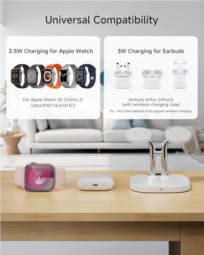 Revolutionize Your Charging Routine with the Swan Scout 3-in-1 Wireless Charging Station – Fast Dual Charger for Apple Watch Ultra 2/10/9 & Air Pods Pro 2/3/2 in Elegant White and Silver – Compact Design, Rapid Power Boosts, and Enhanced Safety Features for Modern Living