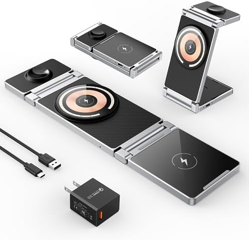 Revolutionize Your Charging Experience with the 3-in-1 Foldable Zinc Alloy Wireless Charging Station for i Phone 15/14/13/12/11 Pro Max/X/Xs Max/8/8 Plus, Apple Watch Series 2-8/Ultra & Air Pods – Ultimate Convenience and Speed in One Compact Solution