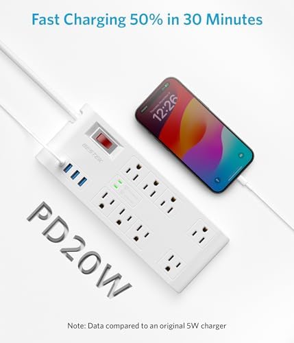 BESTEK 8-Outlet Power Strip with 5-Foot Extension Cord: Multi-Port USB Charging Hub Featuring 3 USB-A (2.4 A) & 1 USB-C (3 A) | 1625 W Max Output with 600 Joule Surge Protection for Enhanced Device Safety | Ultra-Compact Design for Home & Office Efficiency