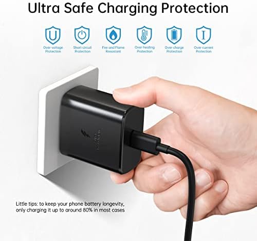 45 W Ultra-Fast Samsung Charger with 6.6 ft Type-C Cable | Power Delivery & Programmable Power Supply for Galaxy S25, S24, S23, S22 Ultra Plus, S21, Note 10, 20, A25, A15, A53, A52, Xcover 6, 7, Z Fold & Flip | Efficient Charging Block for Enhanced Device Longevity | Sleek Black Design for Modern Aesthetics