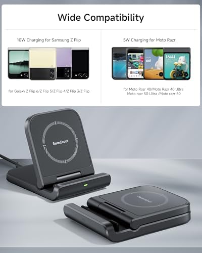 Sleek Foldable Wireless Charging Stand for Samsung Z Flip Series: Fast Power Solution for Galaxy Z Flip 6/5/4/3 & Razr+ (Black) – Portable, Case-Friendly Design for Tangle-Free Charging Experience