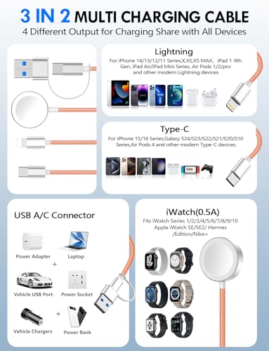 Ultimate 2-Pack Fast Charging Cable Set: Versatile USB A/Type C/Lightning Cables for Quick Charging of Apple Watch & i Phone, 4 FT Length for Seamless Travel Compatibility with i Phone 11-16, i Pad, Apple Watch Ultra & SE, Durable Multi-Device Solution for Enhanced Power Efficiency and Convenience
