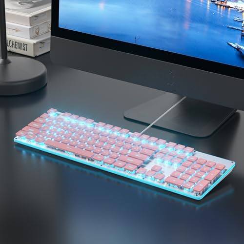 Surmen G1000 Pink Backlit Typewriter Keyboard – Full-Size 104 Keys with Silent Membrane, Durable Metal Panel, USB Wired for Effortless Gaming and Office Use – Stylish, Quiet, and Efficient Typing Experience
