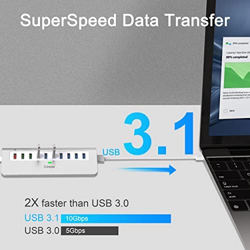Ultimate 10-Port USB Hub 10 Gbps – Powered Aluminum Data Hub with 7 USB 3.1 Ports & 3 Fast Charging Ports for Mac, PC, and Laptop – 36 W Power Adapter Included, Type A & C Connectivity for Enhanced Performance and Speed