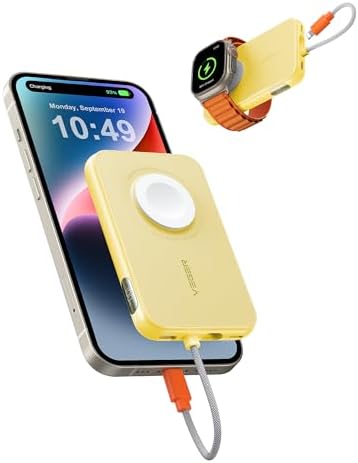VEGER 5000 m Ah Mini Power Bank with Built-in Cable – PD 20 W Fast Charger for i Phone 14/13/12/Pro Max, Android Devices & Apple Watch – Lightweight Travel Essential in Vibrant Yellow – Ultimate Charging Solution for On-the-Go Connectivity