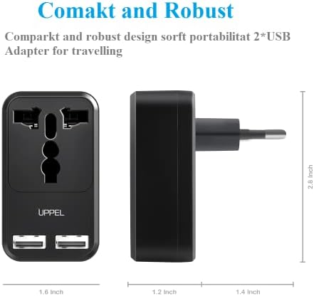Compact European Travel Power Adapter with Dual USB Ports – UPPEL Efficient US to EU Plug Converter for Hassle-Free Charging in Spain, Italy, France, Germany & Iceland – Reliable, Surge-Protected Power Solution for Global Explorers