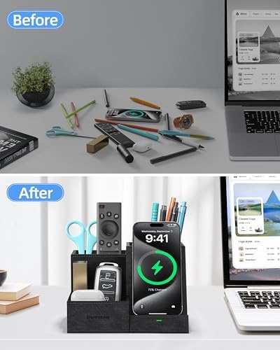 Elevate Your Workspace: Multifunctional Wireless Charger & Desk Organizer with 3 Compartments and Phone Stand – PU Black – Fast Charging & Stylish Office Essential for Maximum Productivity and Organization