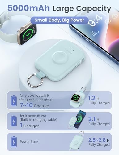 Compact RORRY 5000 m Ah Portable Charger Power Bank with Integrated Cables – Sleek Keychain Battery Pack for i Phone 16/15/14/13/12 and Apple Watch Ultra Series, Ultimate Travel Companion with Fast Charging and Modern Design