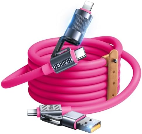 Ultimate 240 W SHEZI 4-in-1 USB C Charging Cable: Fast Charging & 480 Mbps Data Sync, Multi-Device Compatibility with L-Type, Type C, USB A Ports – 5 ft Stylish Pink Design for Enhanced Performance and Portability