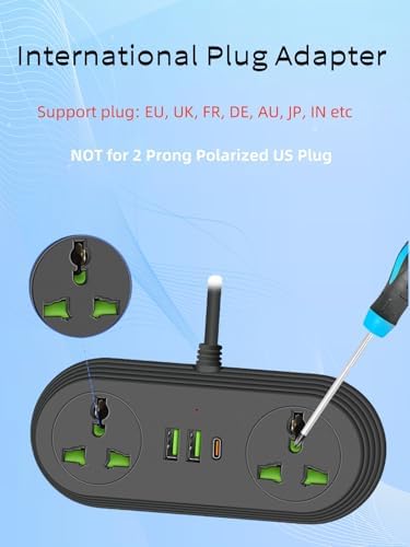 Universal Travel Power Strip Adapter with Dual AC Outlets & 3 USB Ports (1 USB-C) – COOFINE 6 ft International Charging Solution for Seamless Connectivity on Global Adventures, Portable Storage Bag Included for Easy Transport and Travel Convenience