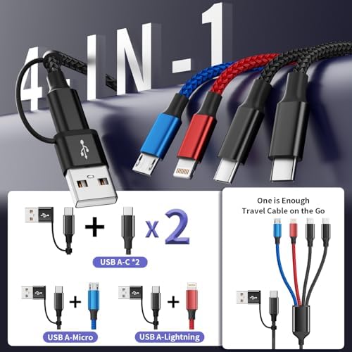 Versatile 4 in 1 USB C Charging Cable – 5 FT Dual Type-C Multi-Device Charger for i Phone 16/15/14/13, Android, i Pad & Mini Fans – 2 Pack Essential Travel Accessory for Fast and Efficient Charging Solutions
