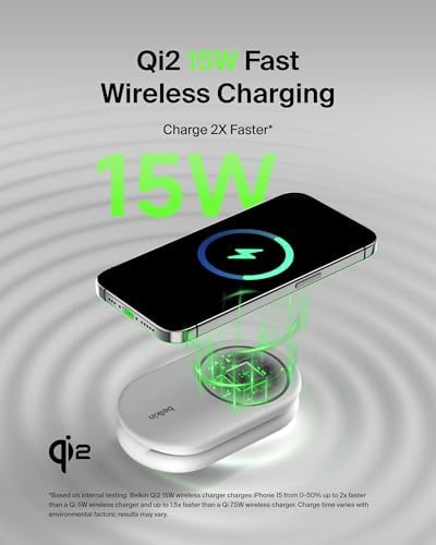 Revolutionize Your Charging Experience with the Belkin 2-in-1 Magnetic Foldable Charger – 15 W Qi2-Certified Wireless Power for Apple i Phone 16 & Samsung Galaxy S25 with Non-Slip Stability – Sleek White Design for Home, Office & Travel – PSU Included for Instant Use and Enhanced Device Compatibility