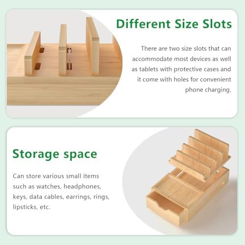 Eco-Friendly Bamboo Multi-Device Charging Station with 5-Port USB Hub, Elegant Desktop Organizer with Tray & Drawer, Includes 6 Durable Cables for Smartphones, Tablets & Smartwatches – Streamlined Power Solution for Clutter-Free Workspaces