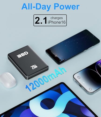 BBD 12000 m Ah Mag Safe Magnetic Power Bank for i Phone – Ultra-Slim Wireless Charger with 20 W Fast Charging, Dual USB-C Ports, Perfect for i Phone 16/15/14/13/12 Series – Portable Battery Pack for On-the-Go Power Solutions