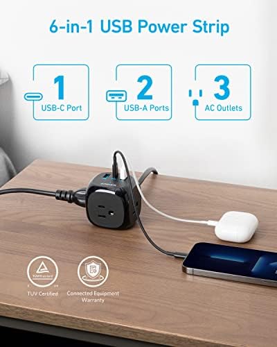 Anker 321 Power Strip: 20 W USB-C Fast Charger, 3 AC Outlets, 5 ft Extension Cord for i Phone 15 Series – Ideal Power Solution for Dorm Rooms & Home Offices with Enhanced Surge Protection and Efficient Power Delivery