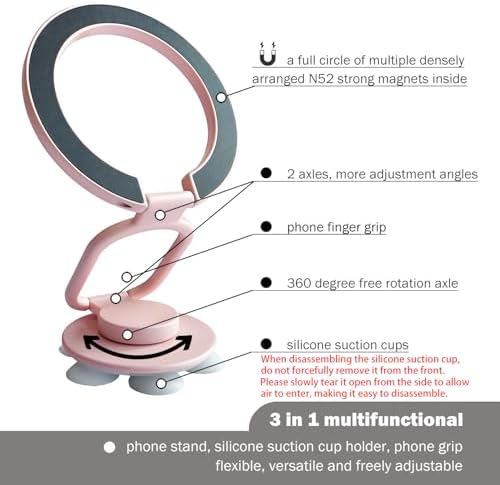 Versatile Magnetic Phone Holder with Suction Cup – Multifunctional Stand, Ring Grip, and Kickstand for i Phone 16/15/14/13/12 Series & Mag Safe (Elegant Pink) – Experience Enhanced Stability and Style