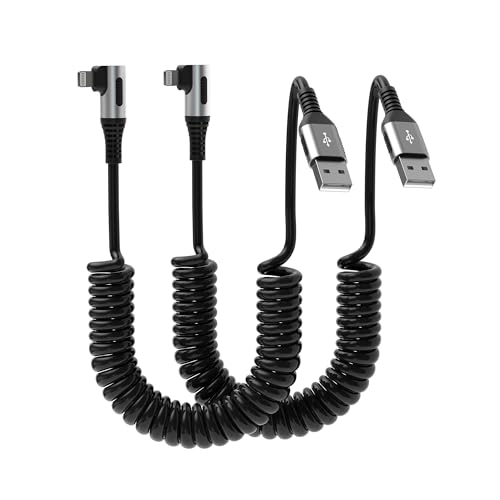 Revolutionize Your Charging with the 90 Degree Coiled Lightning Cable – 2 Pack MFi Certified Charger for i Phone, i Pad, and i Pod – Fast USB Charging with Ergonomic Right Angle Design for Seamless Apple Carplay Experience – Durable, Tangle-Free Solution for Home and Car Use